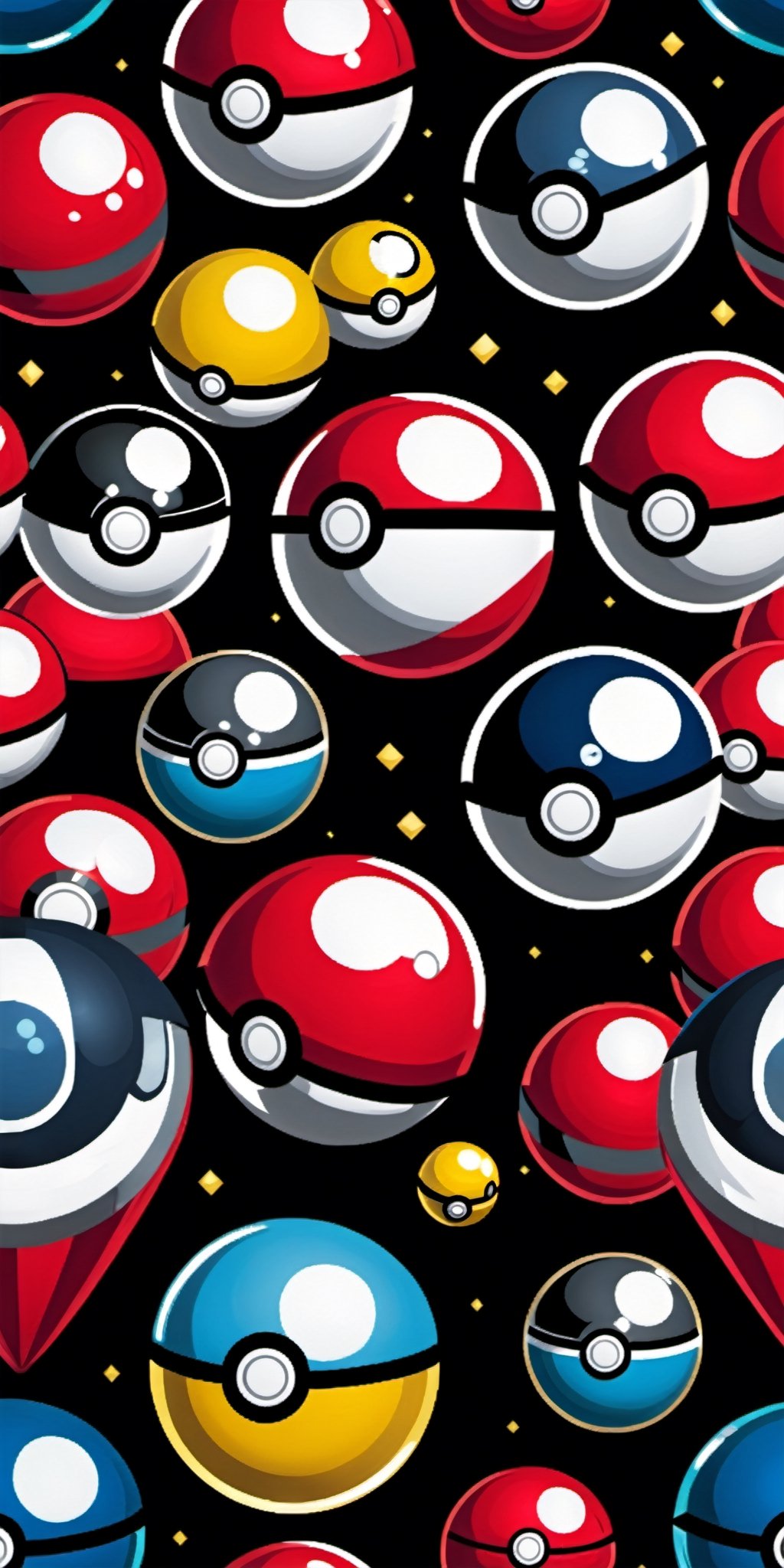 Design an enchanting wallpaper showcasing a collection of glass-like Hi-Tech Pokeballs. Ensure each Pokeball has a unique...