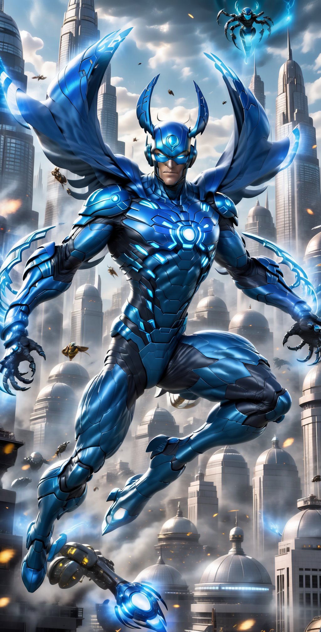 "Blue Beetle soars through the urban skyline,  his high-tech scarab armor glistening under the city lights. With a determi...