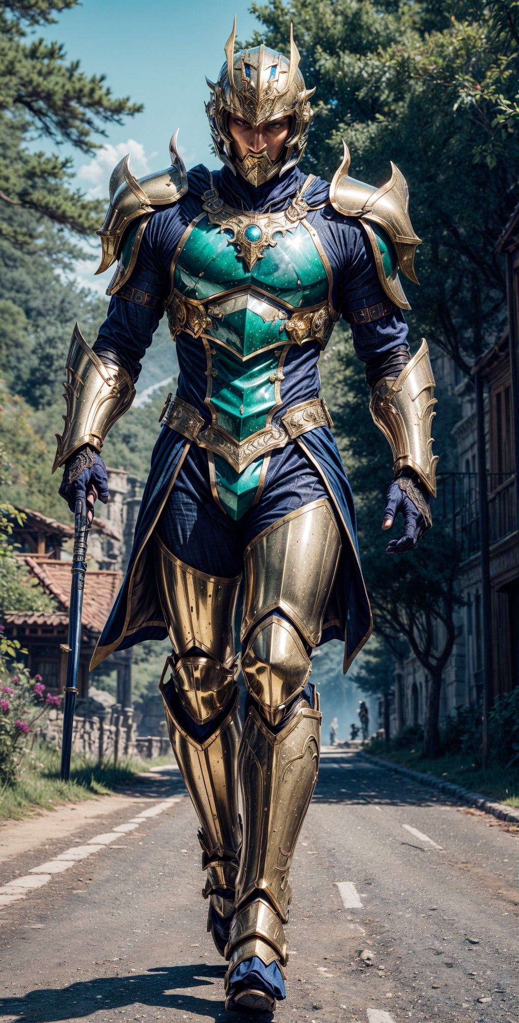 a warrior in golden-green magical armor and helmet walking on a Kingdom road in a fantasy world: photographic cinematic super super high detailed super realistic image, 4k super ultra HDR high quality image, masterpiece,

"Generate a captivating image of a formidable man adorned in a resplendent suit of golden-green magical armor and a matching helmet. This armor should exude a mesmerizing, ethereal glow, showcasing its enchanting properties.

The warrior walks with purpose along a majestic Kingdom road within a fantastical world, where every step is a testament to his valor and nobility. The road should be lined with grandeur, featuring towering trees, intricate cobblestones, and an air of mystical wonder.

The armor and helmet should be richly detailed, adorned with intricate patterns and designs that evoke both elegance and strength. They seamlessly blend with the enchanting atmosphere of the fantasy world.

The warrior's presence on this road should reflect his determined and noble character, embodying the perfect fusion of beauty and martial prowess. This image should immerse viewers in the grandeur of the fantasy world and the captivating aura of the heroic warrior.",mecha,drow,mecha musume