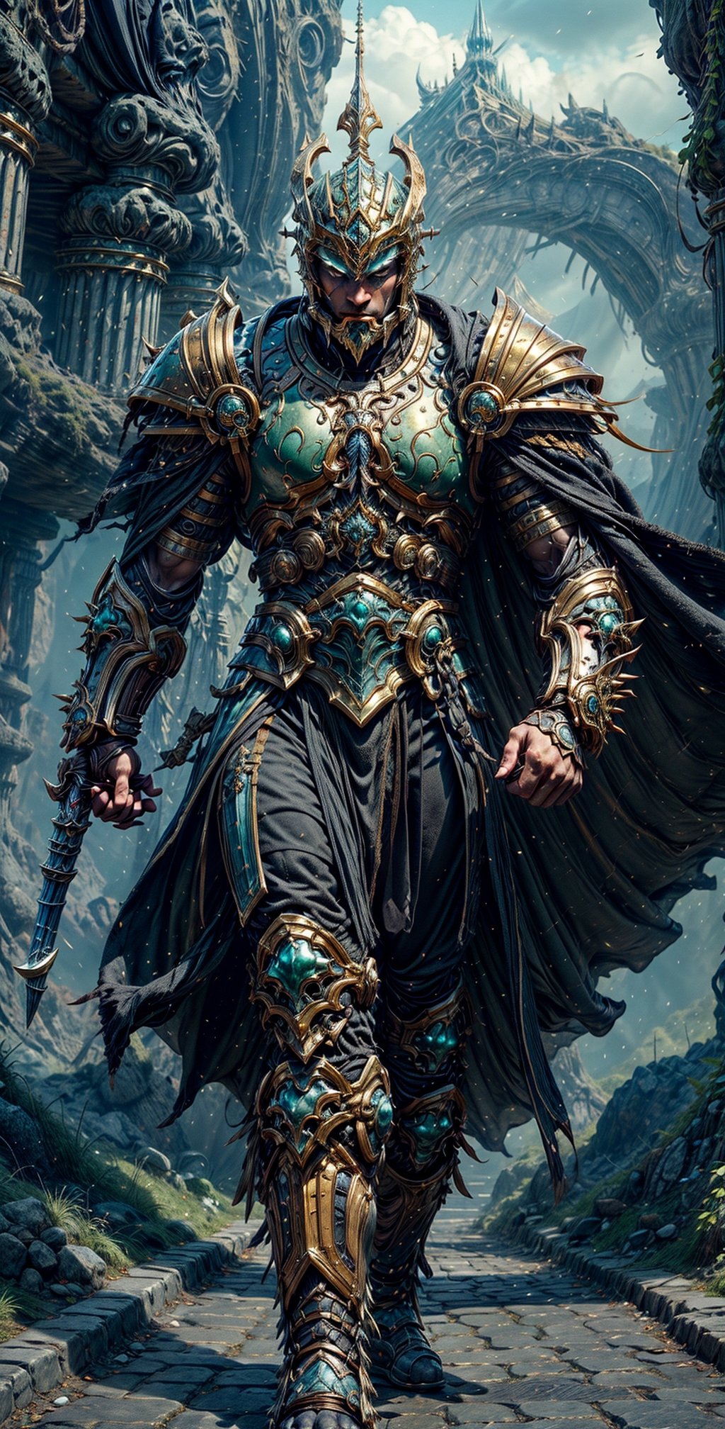 a warrior in golden-green magical armor and helmet walking on a Kingdom road in a fantasy world:

"Generate a captivating image of a formidable man adorned in a resplendent suit of golden-green magical armor and a matching helmet. This armor should exude a mesmerizing, ethereal glow, showcasing its enchanting properties.

The warrior walks with purpose along a majestic Kingdom road within a fantastical world, where every step is a testament to his valor and nobility. The road should be lined with grandeur, featuring towering trees, intricate cobblestones, and an air of mystical wonder.

The armor and helmet should be richly detailed, adorned with intricate patterns and designs that evoke both elegance and strength. They seamlessly blend with the enchanting atmosphere of the fantasy world.

The warrior's presence on this road should reflect his determined and noble character, embodying the perfect fusion of beauty and martial prowess. This image should immerse viewers in the grandeur of the fantasy world and the captivating aura of the heroic warrior."