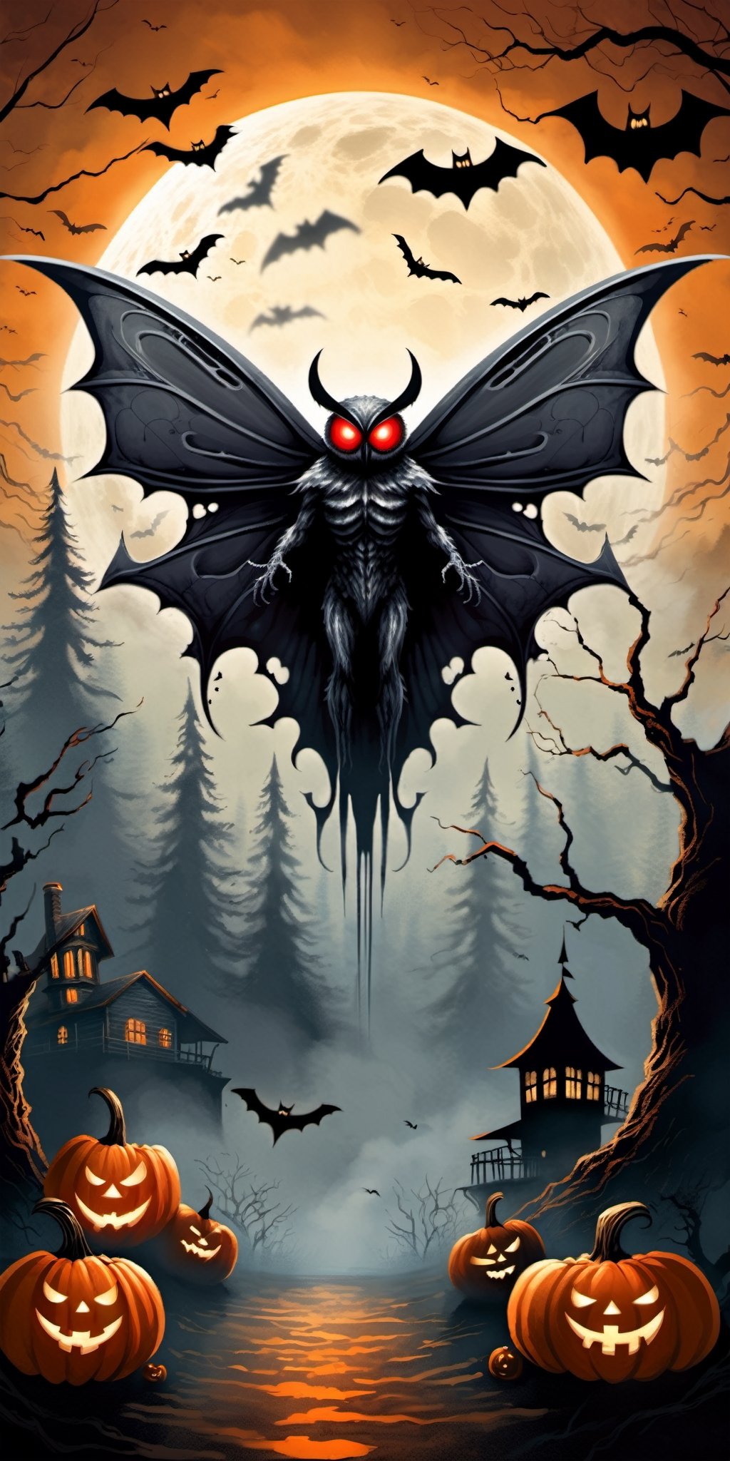 Bring the legendary Mothman to life in a Halloween-style scary fantasy image,  focusing on intricate details. Imagine the...