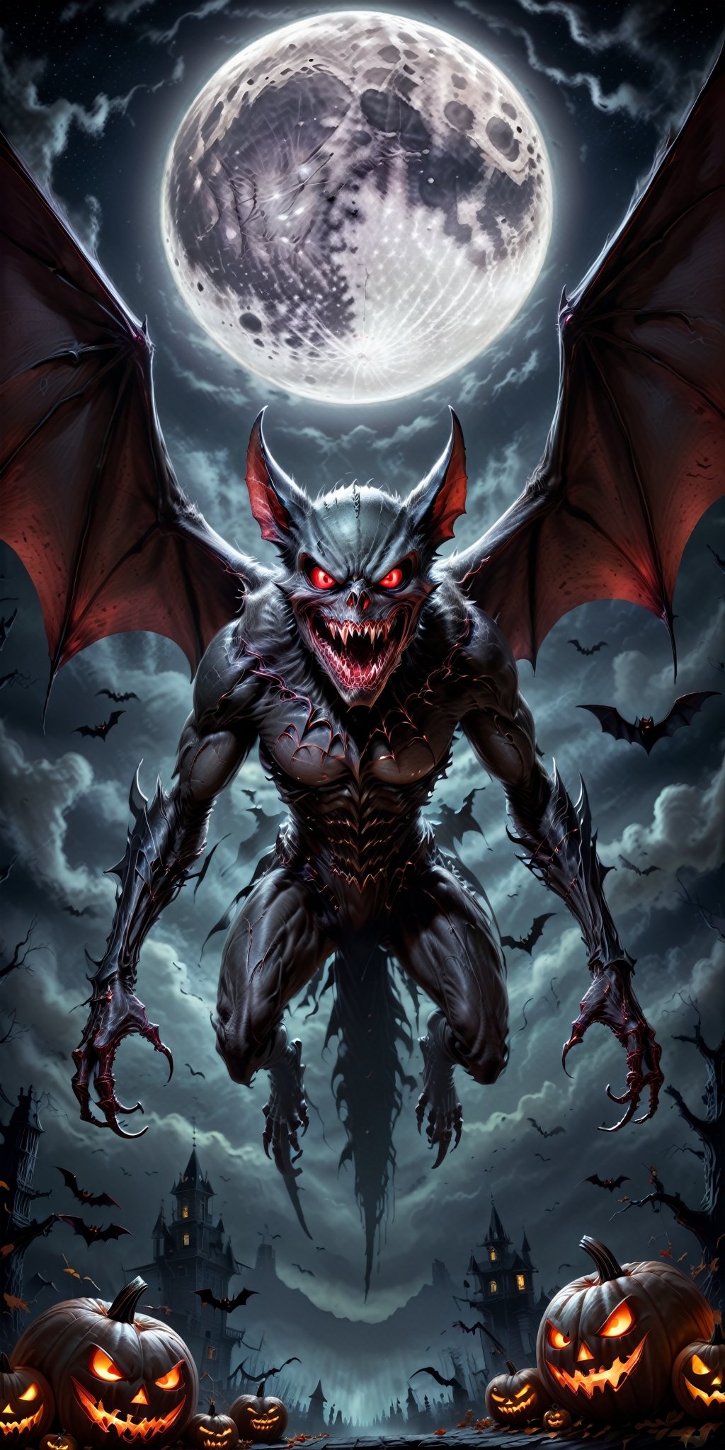 Generate a bone-chilling Halloween image featuring a terrifying and sinister bat monster. Picture the creature with sharp...