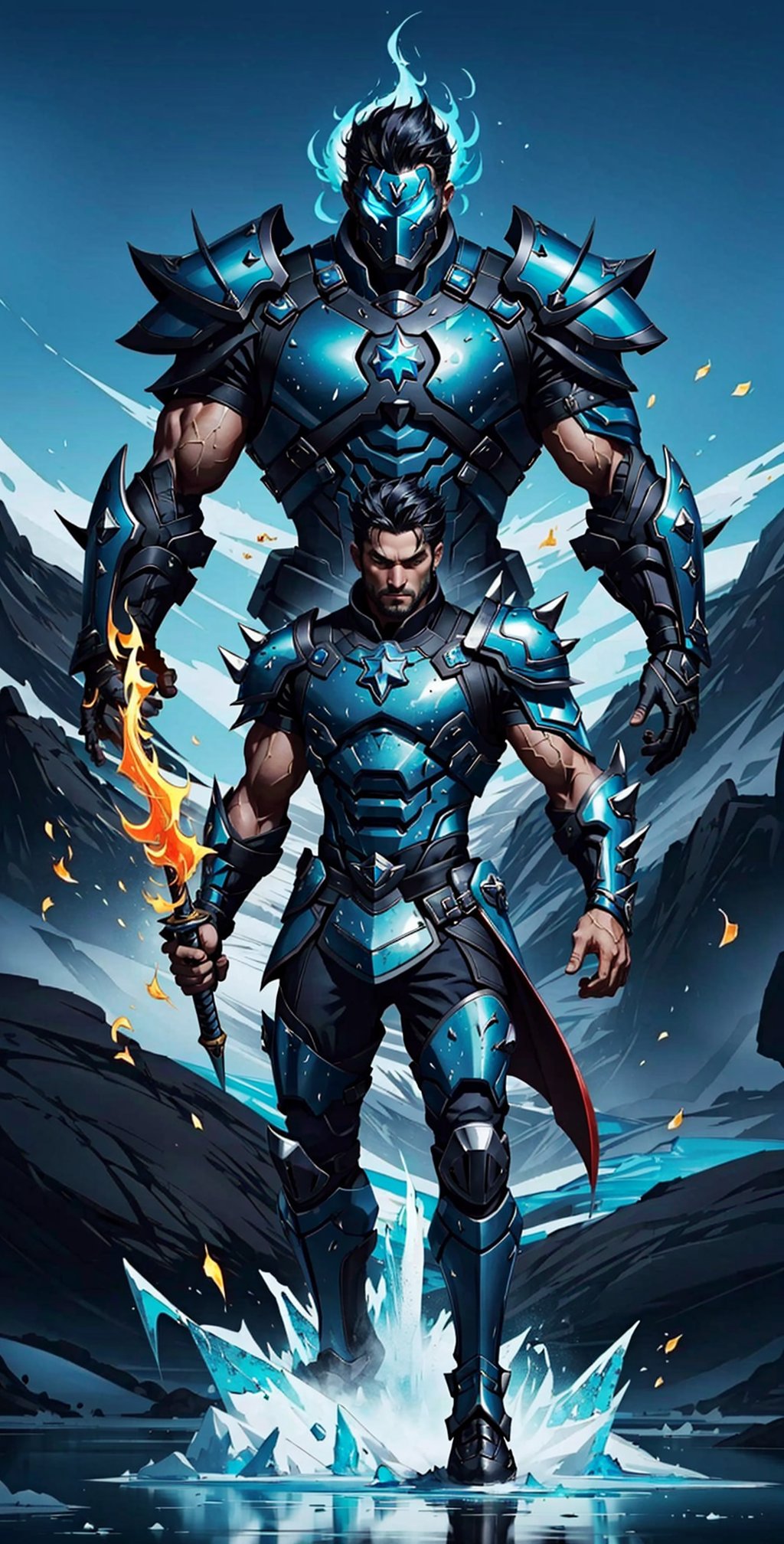 Create an image of a warrior donning leather armor that accentuates his lithe yet muscular form. His stance exudes readiness as he grips a shield and sword, prepared for battle. His spiky black hair adds a touch of wildness to his look, while his aqua blue eyes gleam with intensity. The air around him crackles with both fire and ice magic, his outstretched hand emanating flames and frost. His sword, an embodiment of magical prowess, gleams with enchantment. Capture the fusion of fire and ice elements in the surrounding environment to amplify the visual impact."