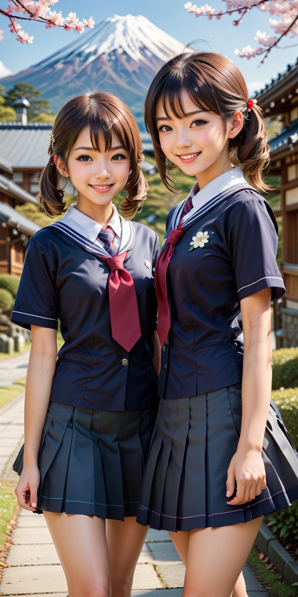 Envision a charming scene with two Japanese schoolgirls walking and smiling,  both adorned in beautiful school uniforms. R...