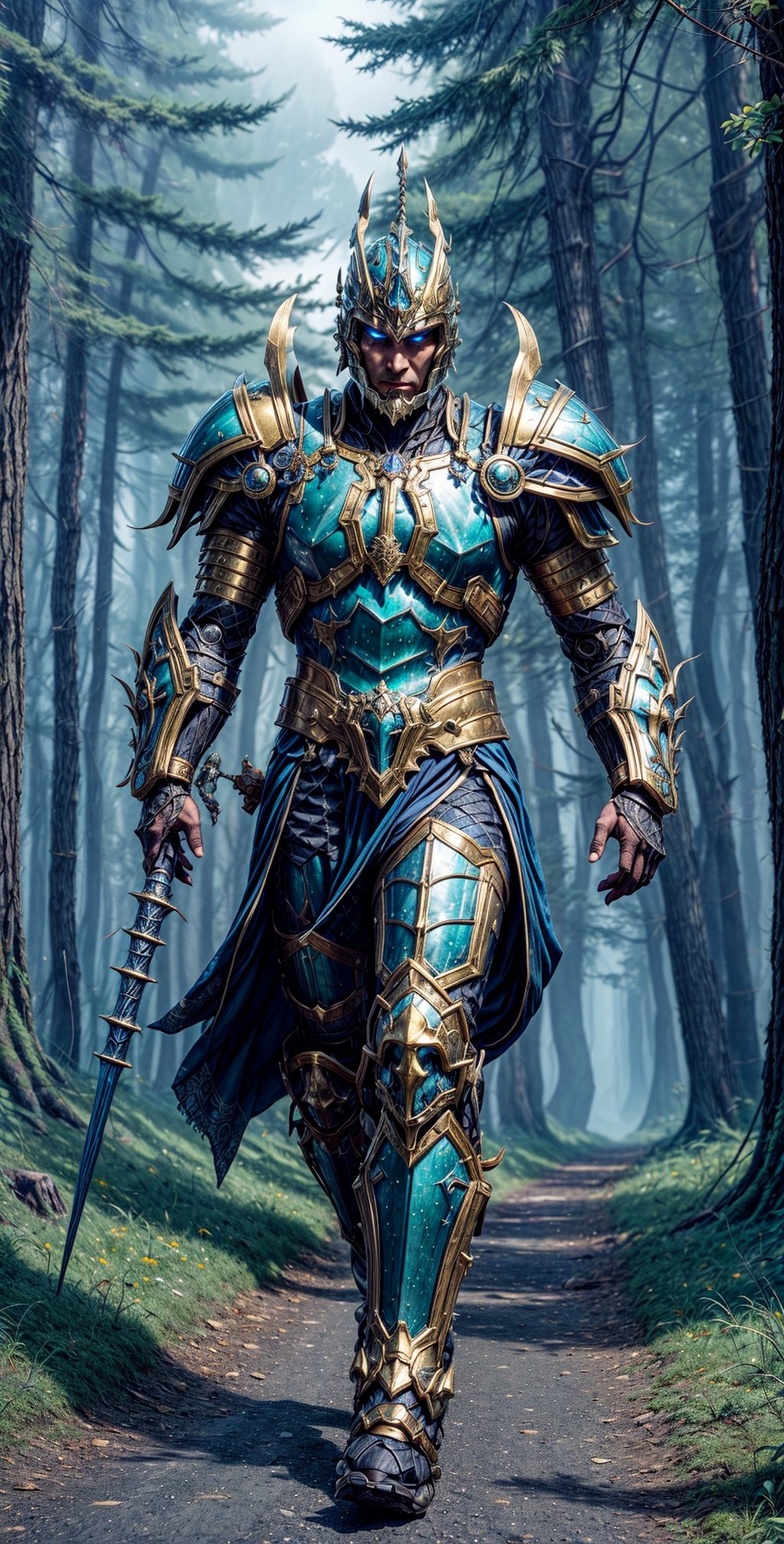 a warrior in golden-green magical armor and helmet walking on a Kingdom road in a fantasy world:

"Generate a captivating image of a formidable man adorned in a resplendent suit of golden-green magical armor and a matching helmet. This armor should exude a mesmerizing, ethereal glow, showcasing its enchanting properties.

The warrior walks with purpose along a majestic Kingdom road within a fantastical world, where every step is a testament to his valor and nobility. The road should be lined with grandeur, featuring towering trees, intricate cobblestones, and an air of mystical wonder.

The armor and helmet should be richly detailed, adorned with intricate patterns and designs that evoke both elegance and strength. They seamlessly blend with the enchanting atmosphere of the fantasy world.

The warrior's presence on this road should reflect his determined and noble character, embodying the perfect fusion of beauty and martial prowess. This image should immerse viewers in the grandeur of the fantasy world and the captivating aura of the heroic warrior.",mecha,drow,mecha musume