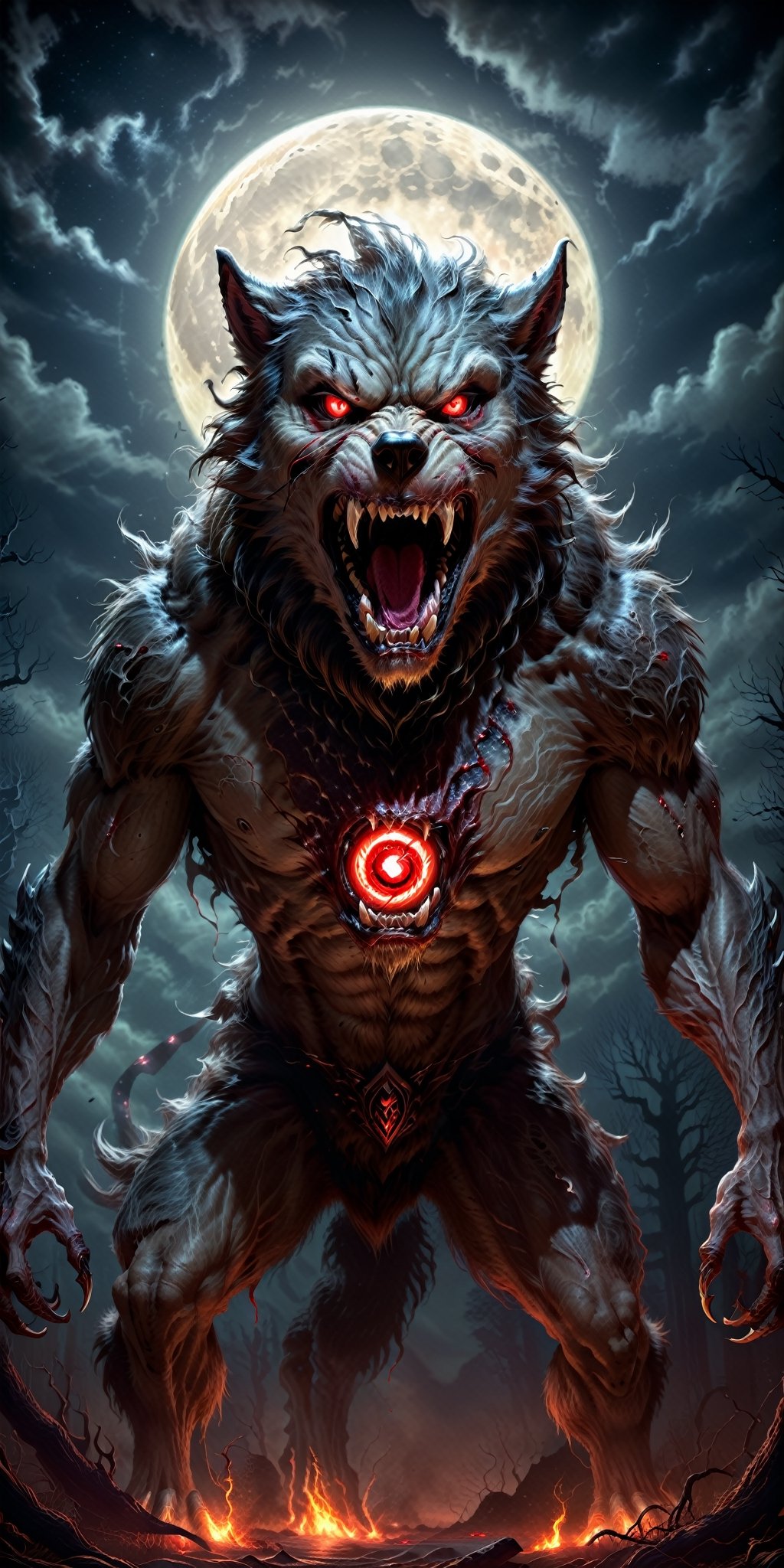 Create a nightmarishly terrifying Halloween masterpiece with a full-body depiction of a three-eyed werewolf. Imagine the c...