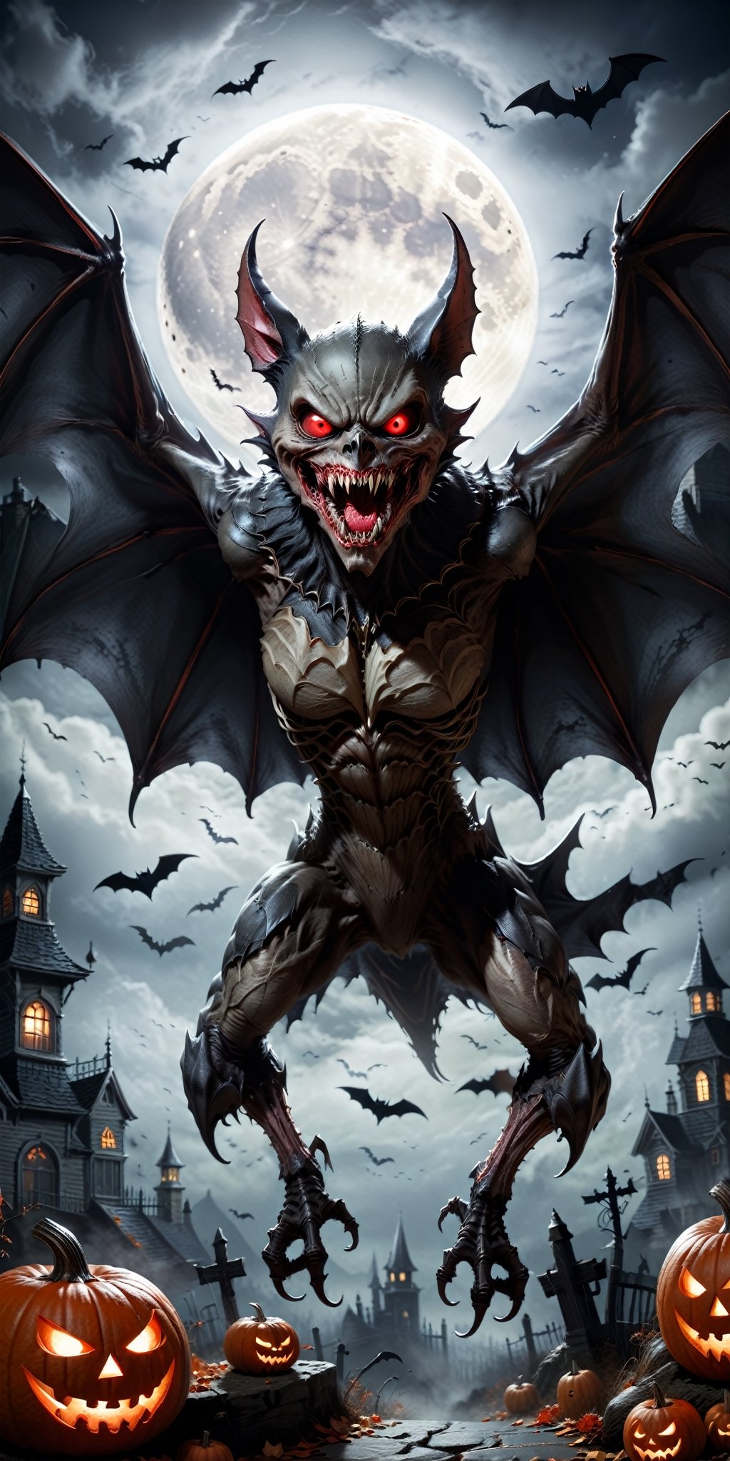 Generate a bone-chilling Halloween image featuring a terrifying and sinister bat monster. Picture the creature with sharp...