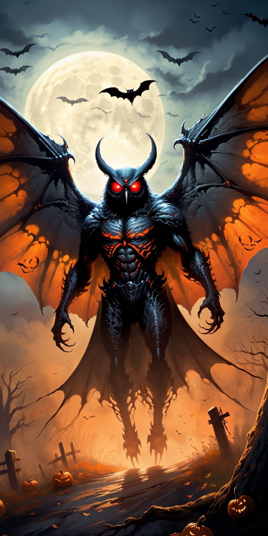 Bring the legendary Mothman to life in a Halloween-style scary fantasy image,  focusing on intricate details. Imagine the...