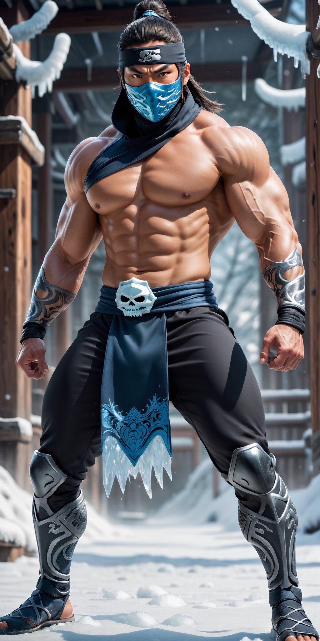 Capture the essence of a muscular male ninja wielding the power of ice. Picture his powerful and chiseled physique adorned...