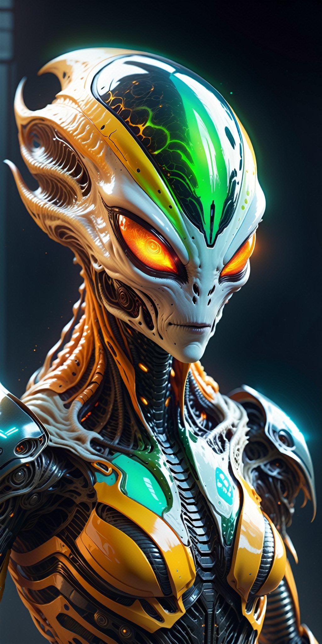 Create a spine-chilling image of an alien creature adorned in Hi-Tech biometric glowing armor,  radiating a deadly and int...