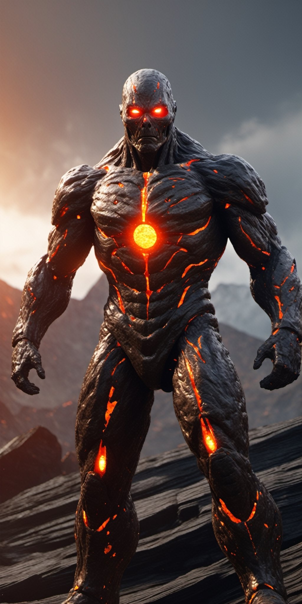 Compose a cinematic movie-style scene featuring a colossal stone Lava man with a body crafted from stone and flowing lava....