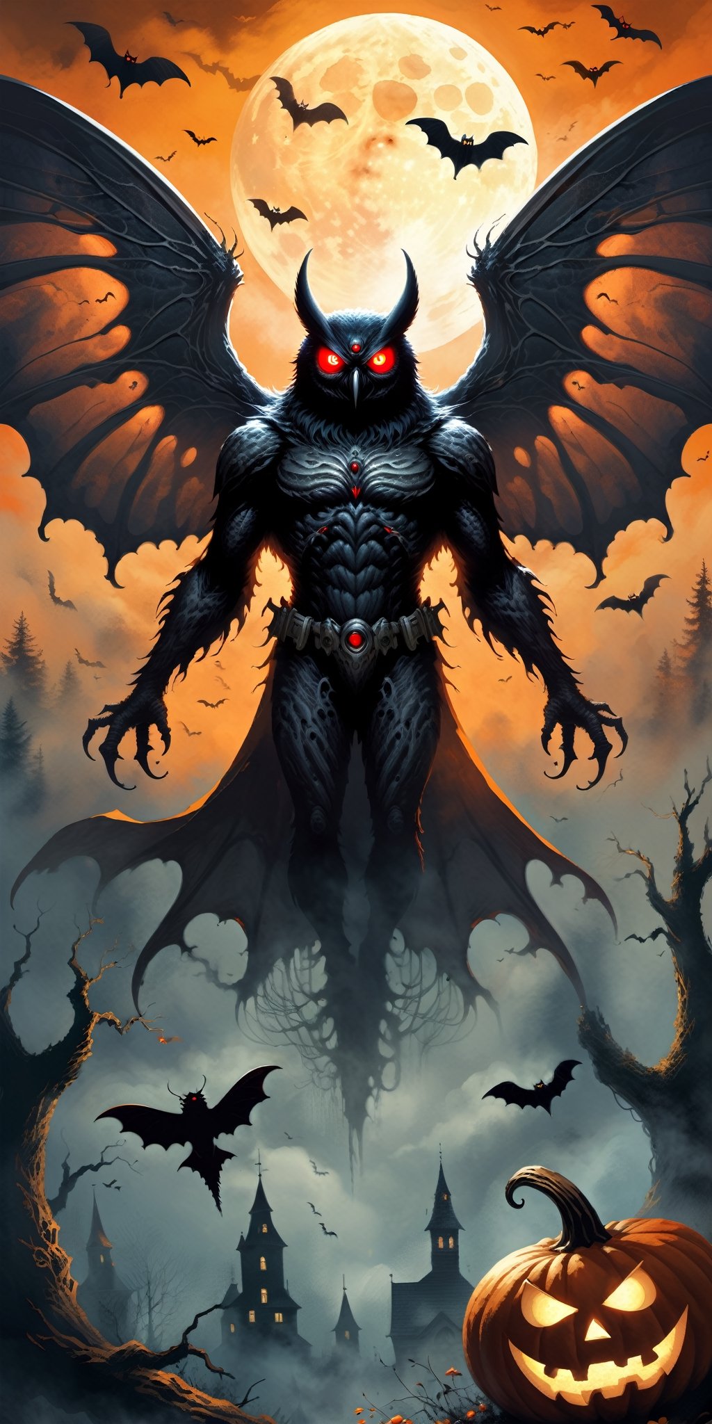 Bring the legendary Mothman to life in a Halloween-style scary fantasy image,  focusing on intricate details. Imagine the...