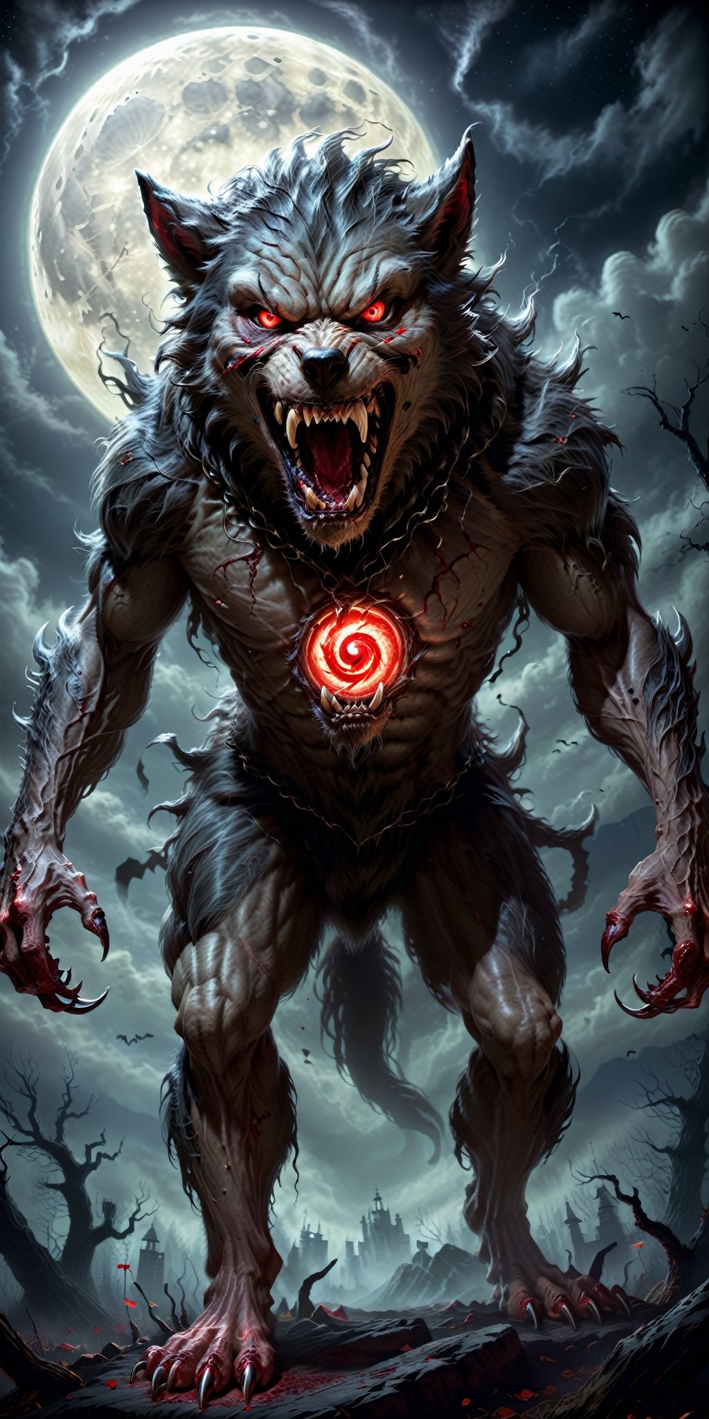 Create a nightmarishly terrifying Halloween masterpiece with a full-body depiction of a three-eyed werewolf. Imagine the c...