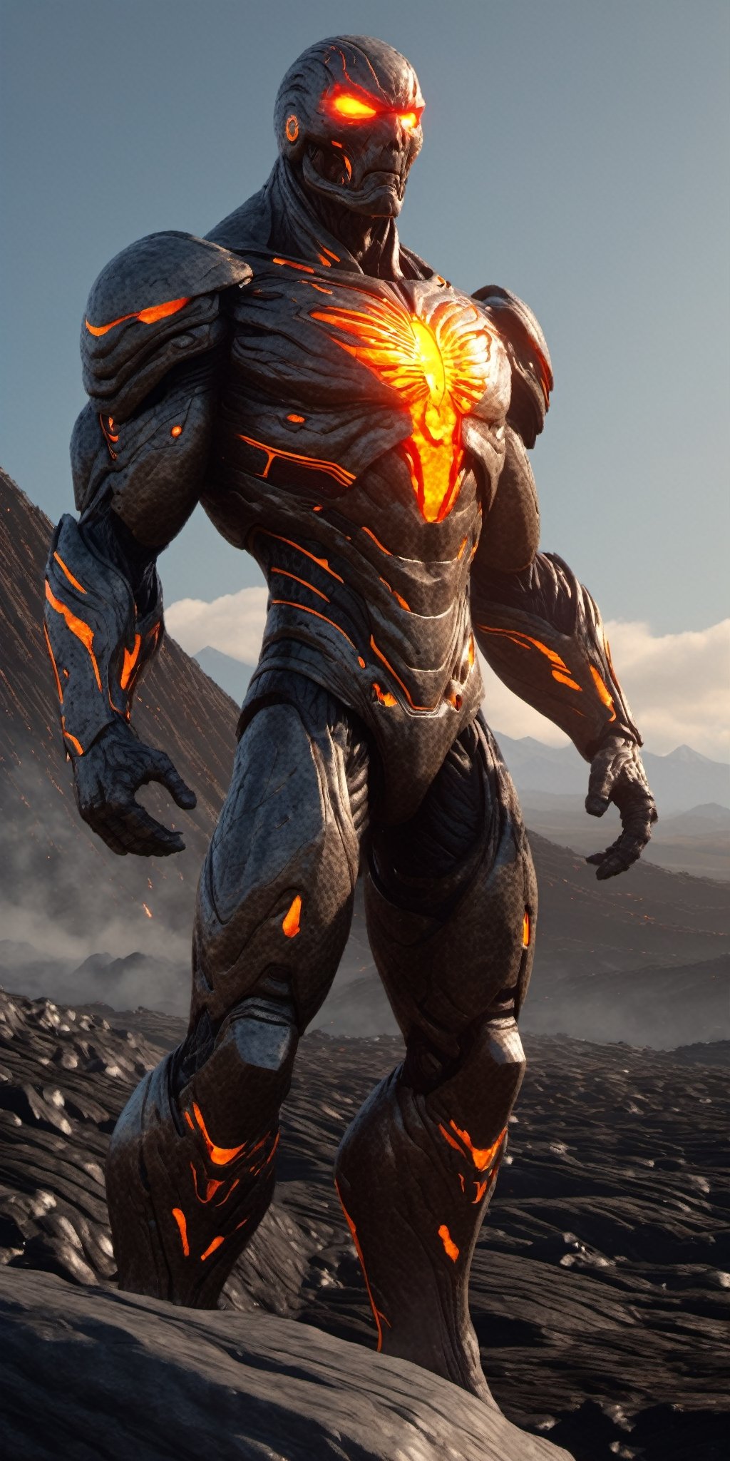 Compose a cinematic movie-style scene featuring a colossal stone Lava man with a body crafted from stone and flowing lava....
