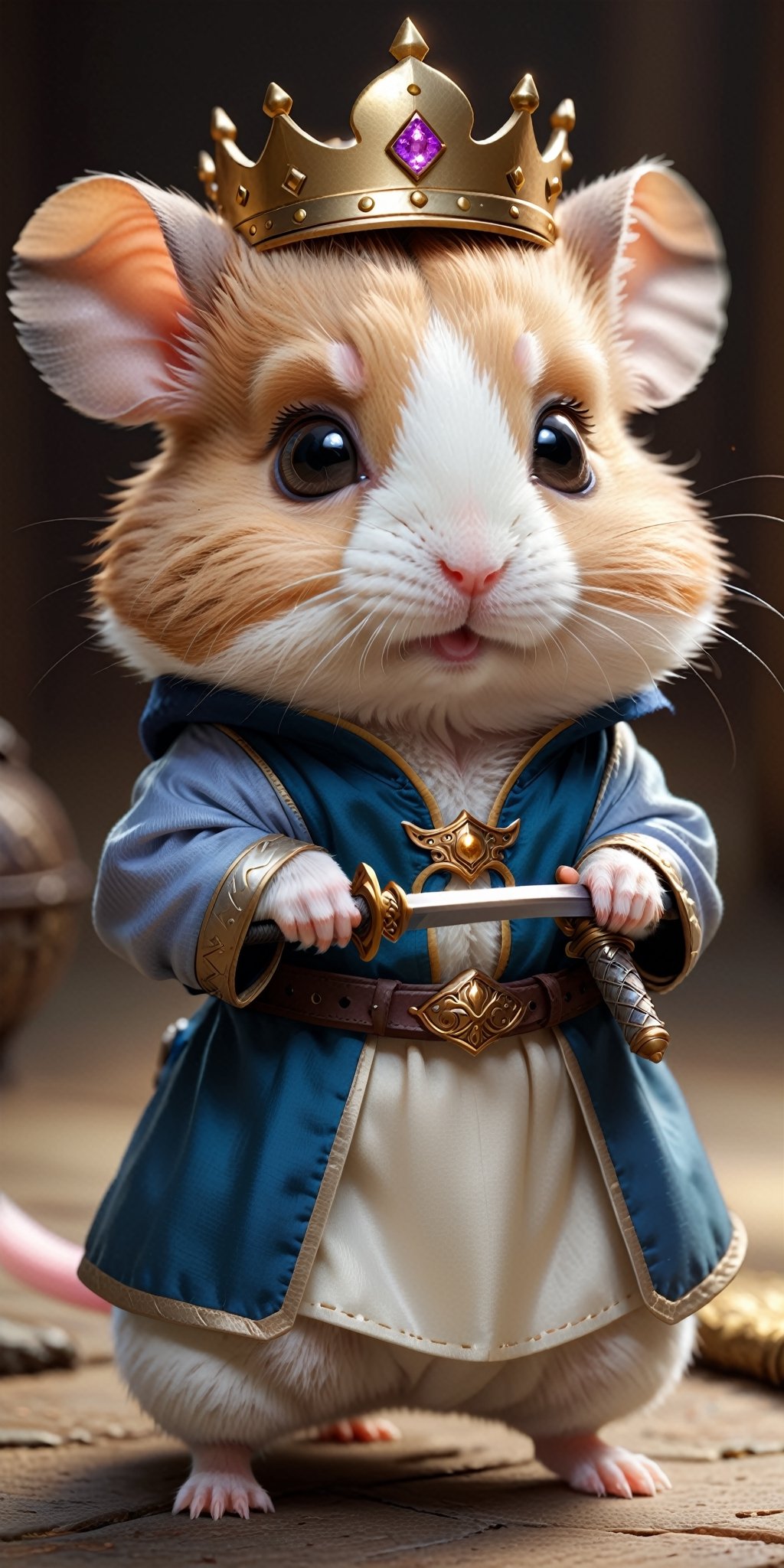 Visualize an adorable fantasy scene with a cute little hamster,  dressed in charming prince-like clothes and wielding a ti...