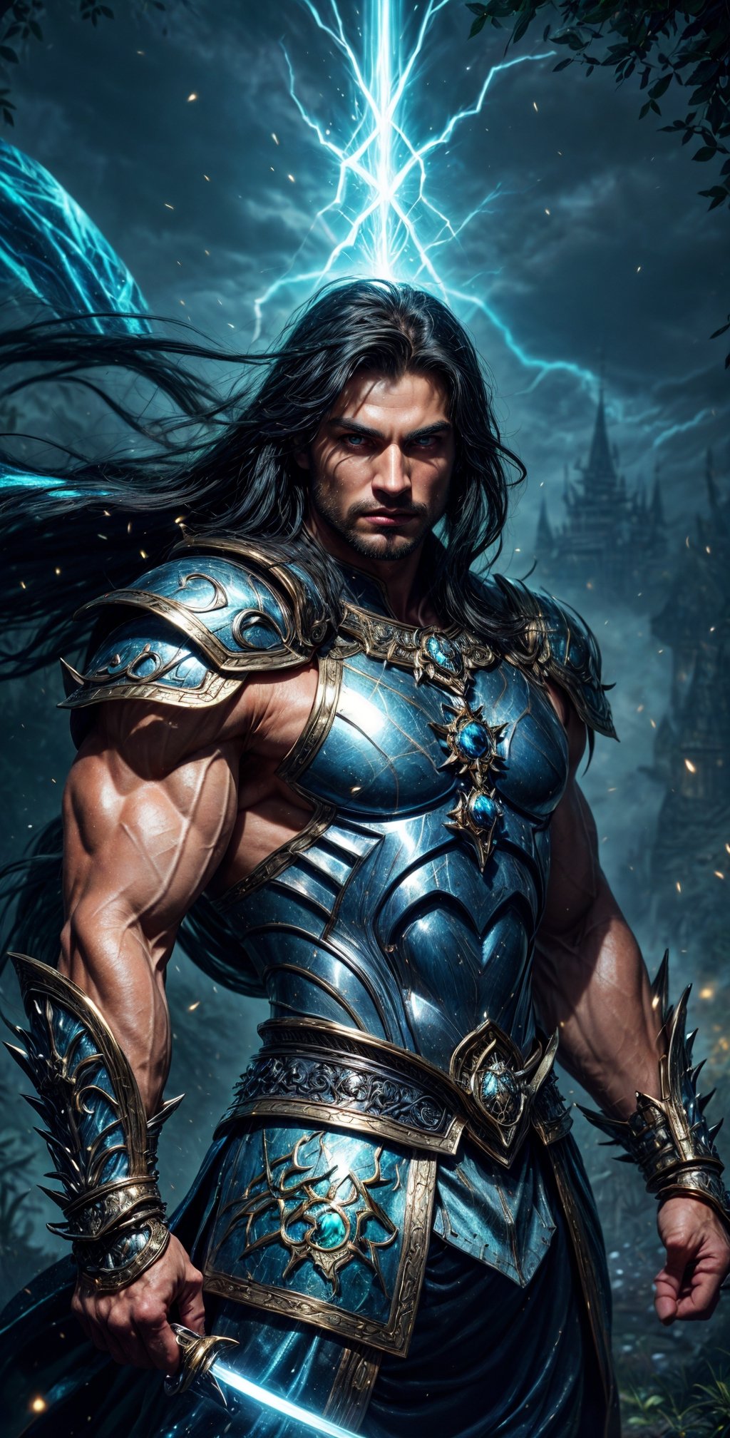 "Create an enchanting visual representation of a courageous and handsome man standing proudly in a magnificent fantasy wor...