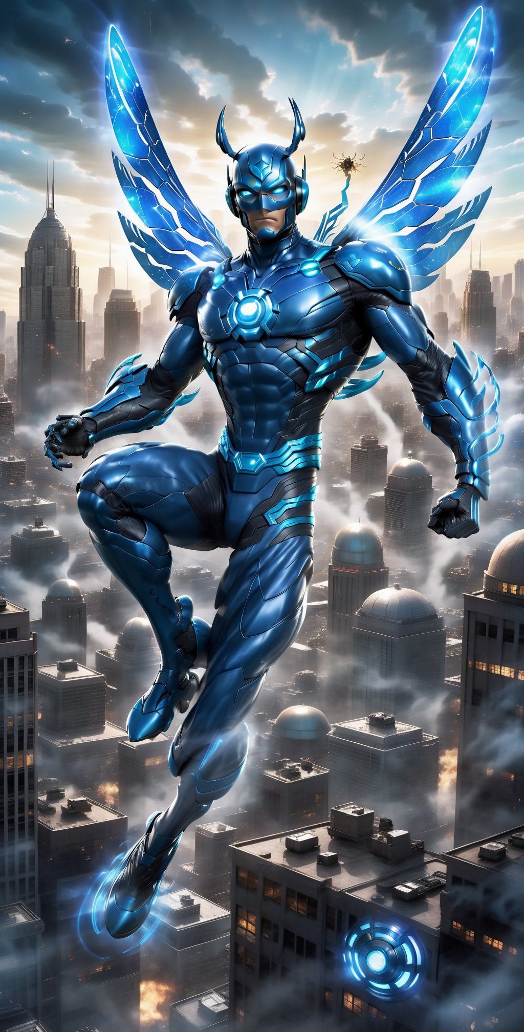 "Blue Beetle soars through the urban skyline,  his high-tech scarab armor glistening under the city lights. With a determi...