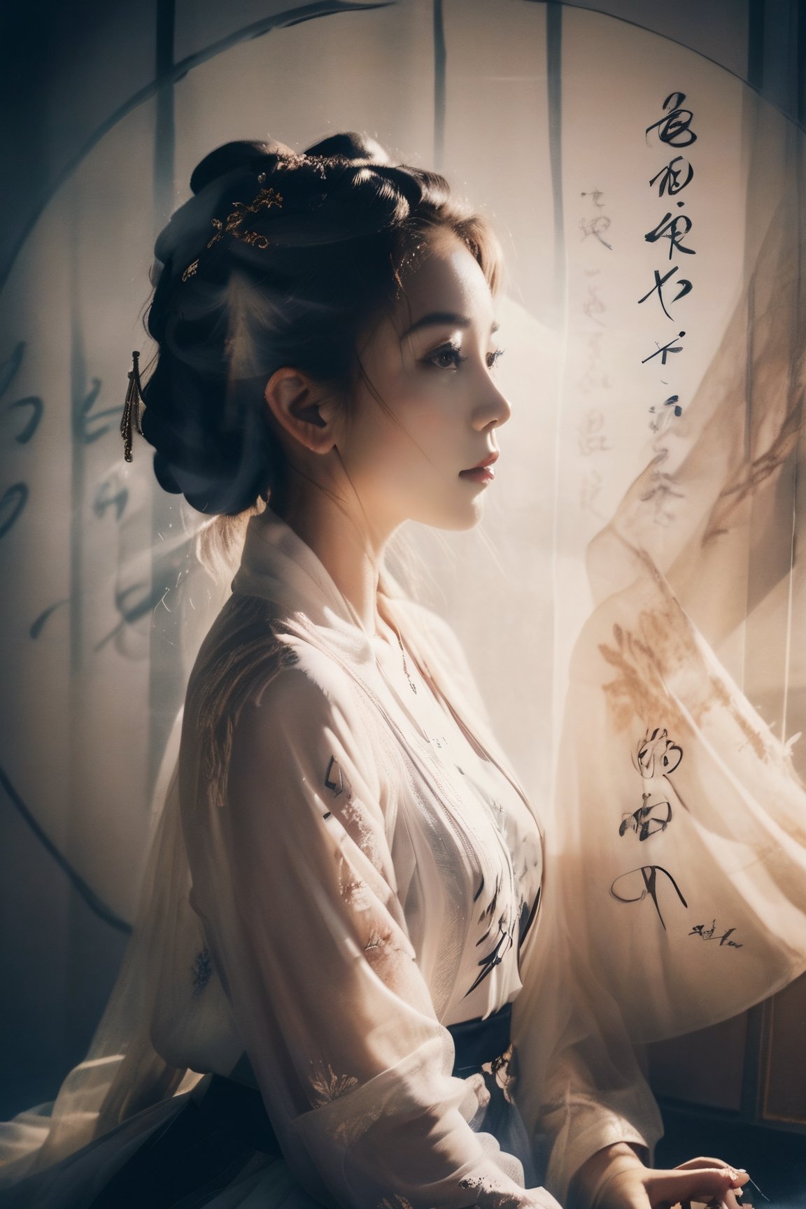 Double Exposure Style, Volumetric Lighting, a girl with Tulle skirt,head tilt,Traditional Attire,Artistic Calligraphy and Ink,, light depth, dramatic atmospheric lighting, Volumetric Lighting, double image ghost effect, image combination, double exposure style,FilmGirl