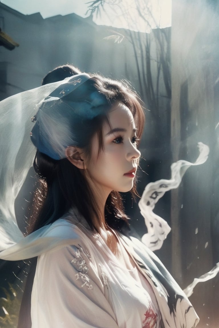 Double Exposure Style, Volumetric Lighting, a girl with Tulle skirt,head tilt,Big breast,Traditional Attire,Artistic Calligraphy and Ink,, light depth, dramatic atmospheric lighting, Volumetric Lighting, double image ghost effect, image combination, double exposure style,FilmGirl