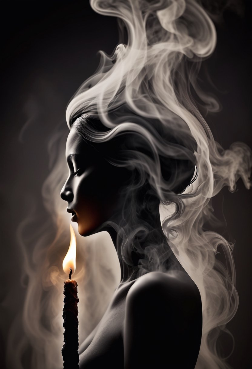 Wisps of smoke rising from a candle in the form of a woman's profile