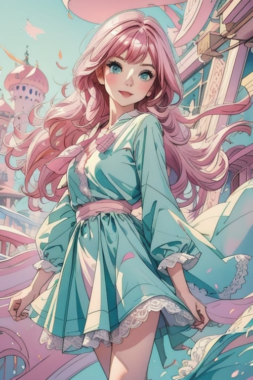 (1cute girl),  wearing eyeglasess,  holding ice cream,  long aqua curly hair,  green eyes,  wearing a beautiful pink lace dress. White skin,  splat art background,  eye_detail,  background_detail,  face_detail,  hair_detail,  more_detail,  add_detail,  adddetailed,  cute_face,  white_skin,  midjourney_style,  midjourney_art,  full_body,  colorful_detail,  watercolor_(artwork),  light_particles, 1girl,1girl