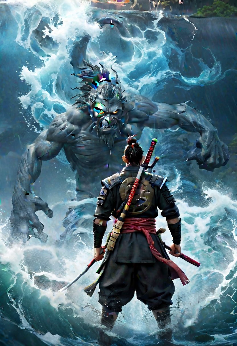 amazing quality, masterpiece, best quality, hyper detailed, ultra detailed, UHD, perfect anatomy, portrait, dof, hyper-realism, majestic, awesome, inspiring, Bosstyle, feudal shinobi Kuro Shozoku stands brave against a giant Ghibli inspired water spirit, cinematic composition, soft shadows, national geographic style