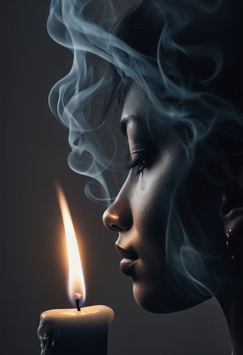 Wisps of smoke rising from a candle in the form of a woman's profile