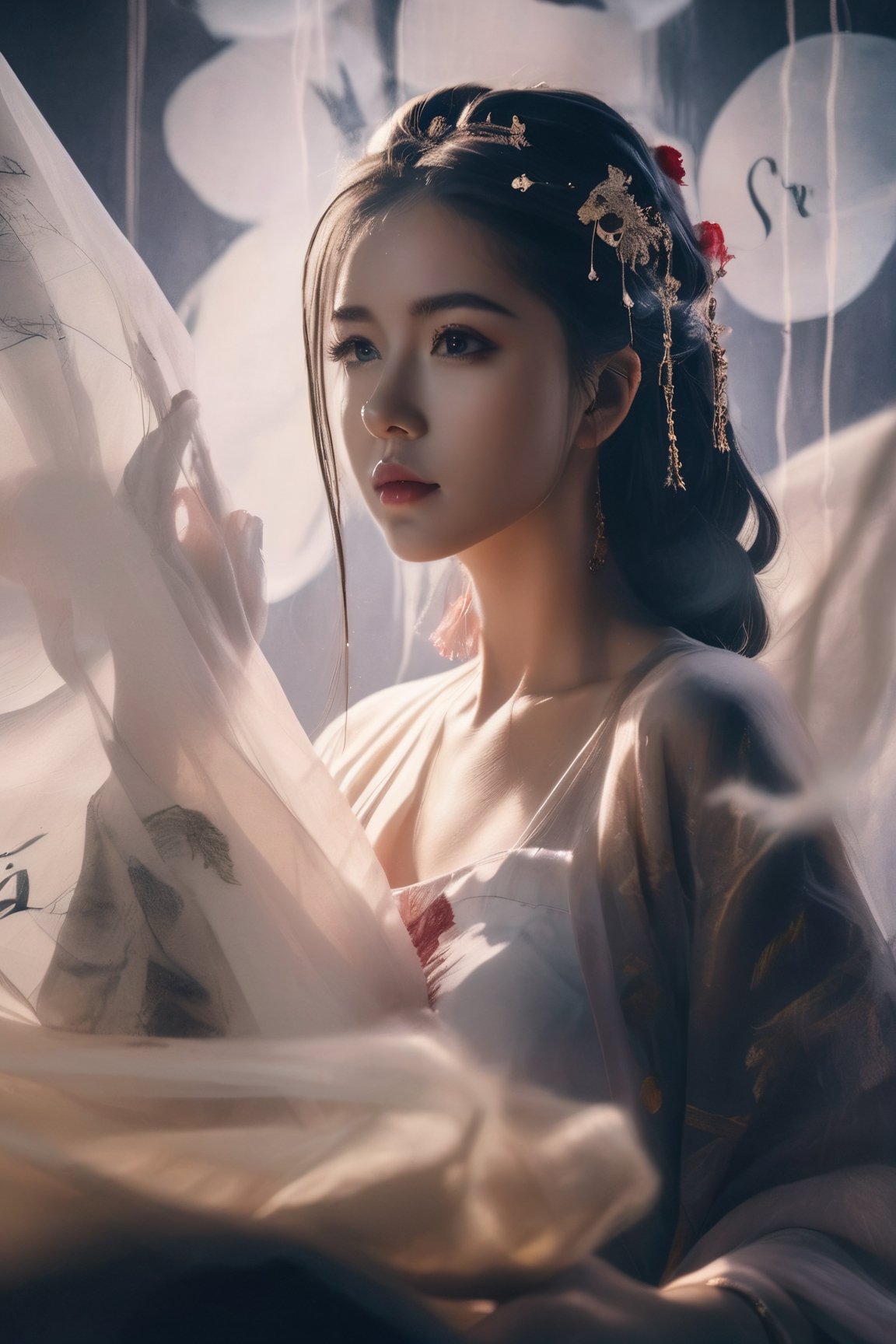 Double Exposure Style, Volumetric Lighting, a girl with Tulle skirt,head tilt,Traditional Attire,Artistic Calligraphy and Ink,, light depth, dramatic atmospheric lighting, Volumetric Lighting, double image ghost effect, image combination, double exposure style