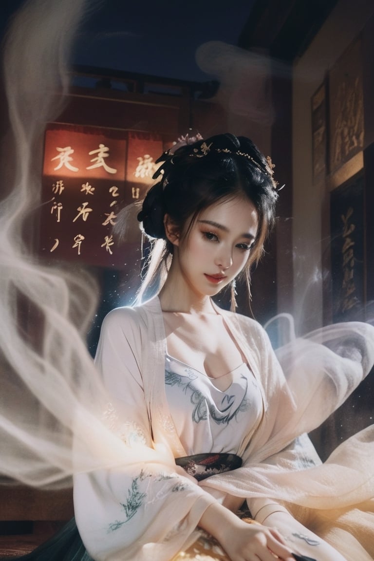 Double Exposure Style, Volumetric Lighting, a girl with Tulle skirt,head tilt,Big breast,Traditional Attire,Artistic Calligraphy and Ink,, light depth, dramatic atmospheric lighting, Volumetric Lighting, double image ghost effect, image combination, double exposure style,FilmGirl