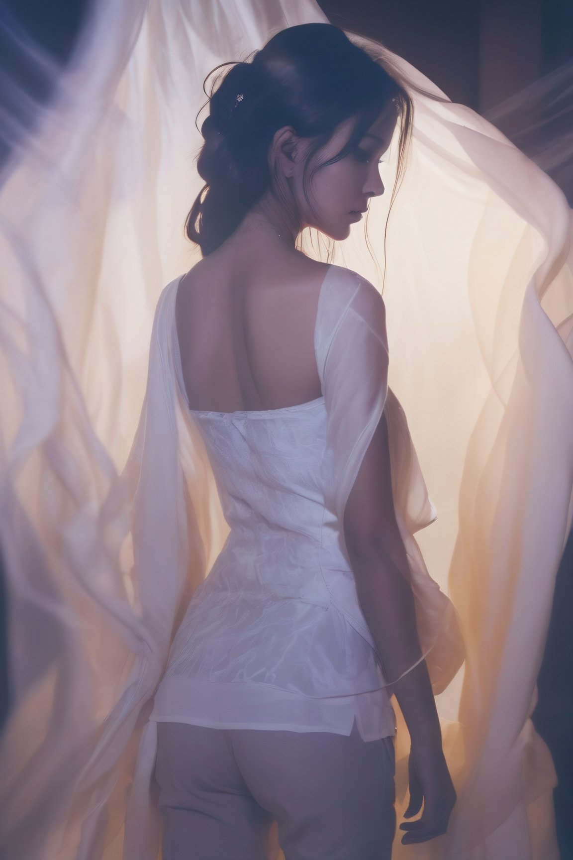 Volumetric Lighting, Double Exposure Style, a girl with Silk camisole,on tiptoes, double image ghost effect, image combination, double exposure style, light depth, dramatic atmospheric lighting, Volumetric Lighting