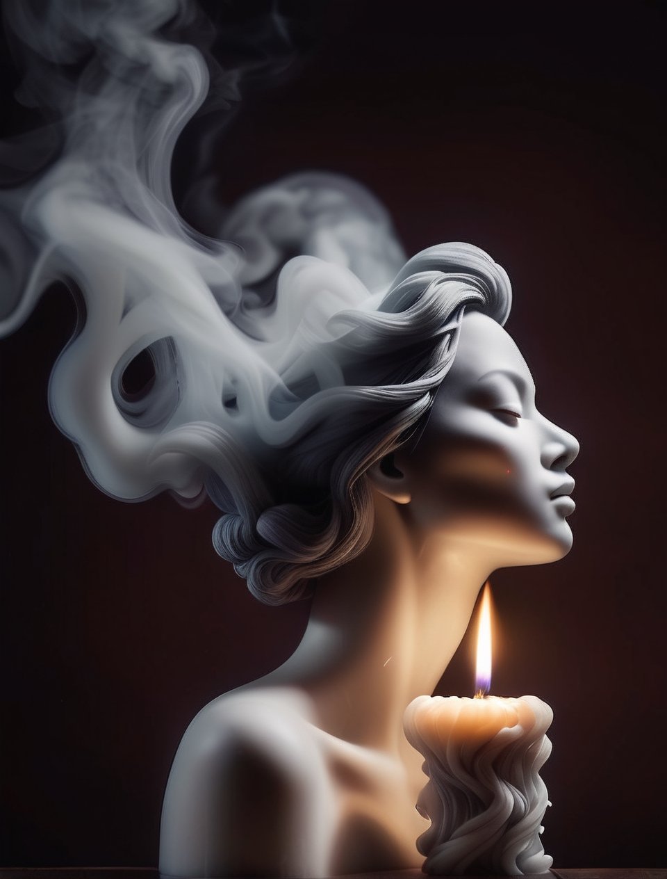 Wisps of smoke rising from a candle in the form of a woman's profile