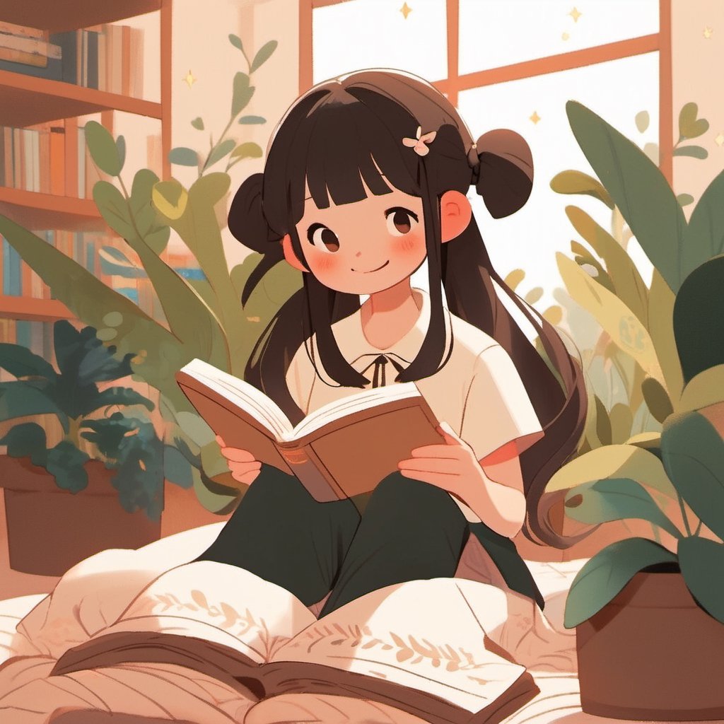 Flat Design, 1girl, solo, barefoot, book, short sleeves, shirt, white shirt, reading, lying, smile, plant, on stomach, blush, open book, brown eyes, collared shirt, braid, long hair, holding, pants, closed mouth, feet up, brown hair, twin braids, bangs, potted plant, looking down, black pants, full body, black hair, skirt, indoors, sparkle, twintails, soles