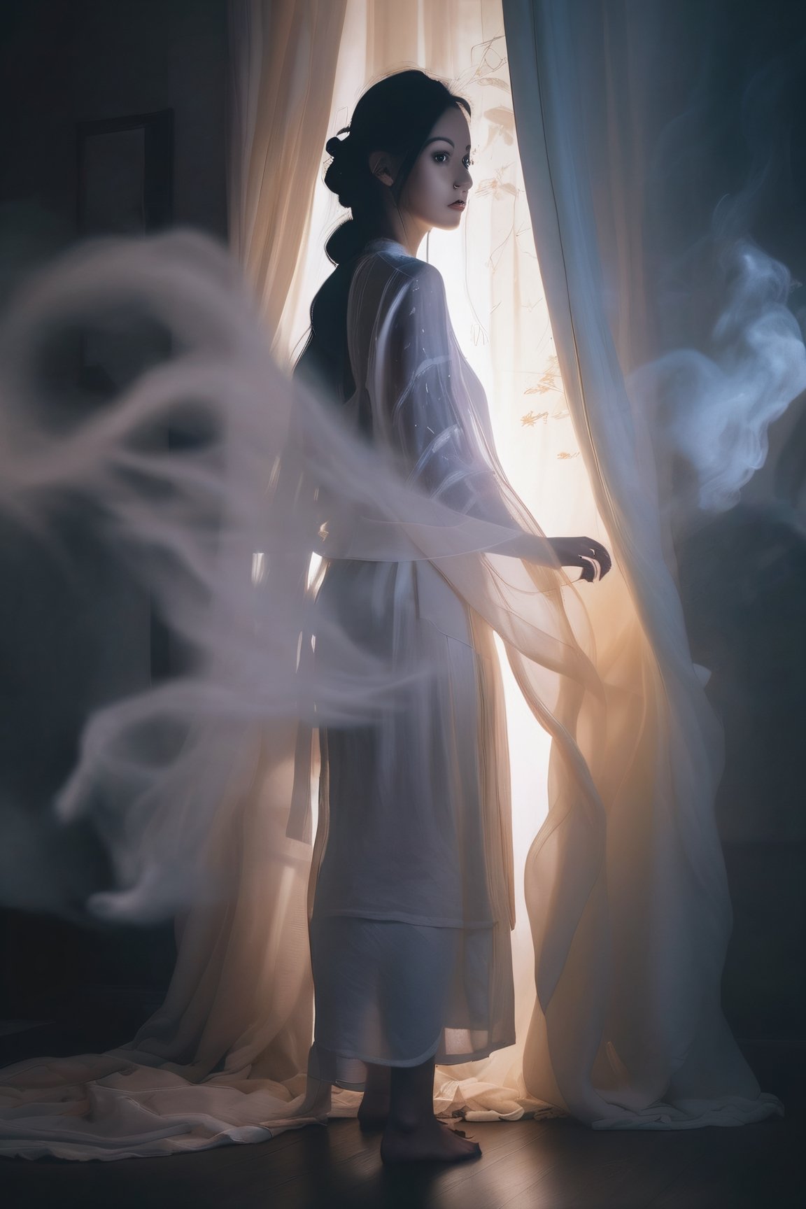 Volumetric Lighting, Double Exposure Style, a girl with Silk camisole,on tiptoes, double image ghost effect, image combination, double exposure style, light depth, dramatic atmospheric lighting, Volumetric Lighting