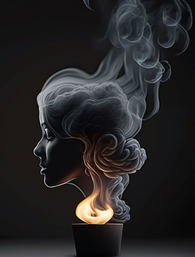 Wisps of smoke rising from a candle in the form of a woman's profile