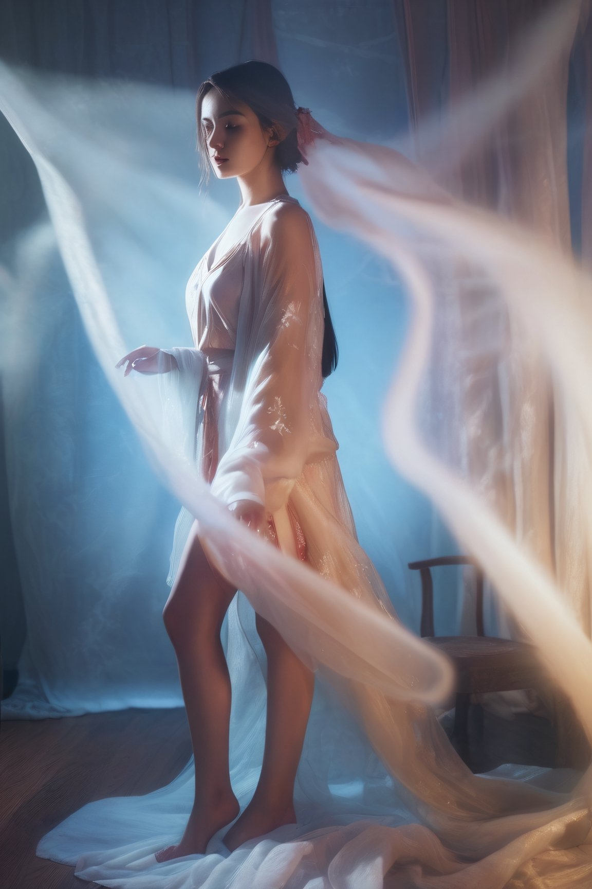 Volumetric Lighting, Double Exposure Style, a girl with Silk camisole,on tiptoes, double image ghost effect, image combination, double exposure style, light depth, dramatic atmospheric lighting, Volumetric Lighting