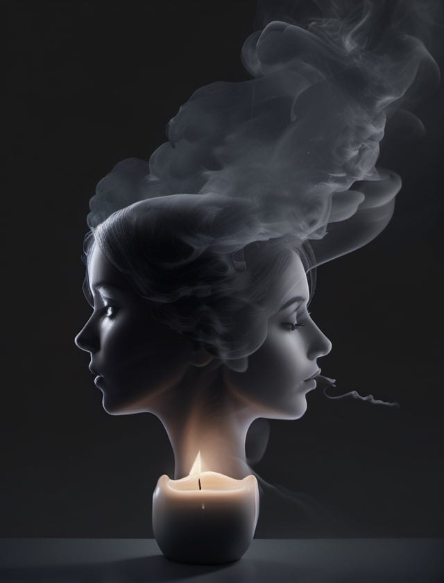 Wisps of smoke rising from a candle in the form of a woman's profile