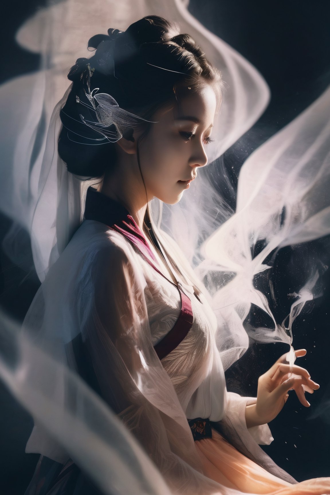 Double Exposure Style, Volumetric Lighting, a girl with Tulle skirt,head tilt,Traditional Attire,Artistic Calligraphy and Ink,, light depth, dramatic atmospheric lighting, Volumetric Lighting, double image ghost effect, image combination, double exposure style