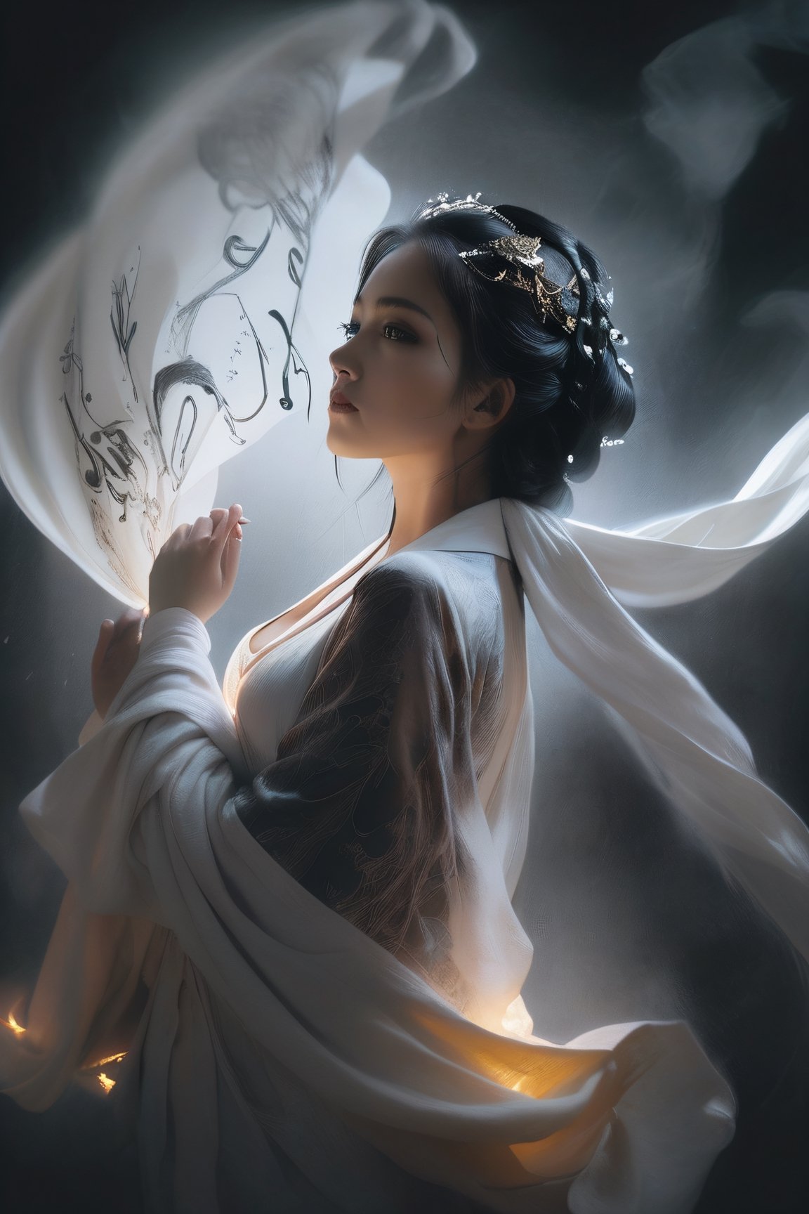 Double Exposure Style, Volumetric Lighting, a girl with Wrap top,big breast,arching her back,Traditional Attire,Artistic Calligraphy and Ink,, light depth, dramatic atmospheric lighting, Volumetric Lighting, double image ghost effect, image combination, double exposure style