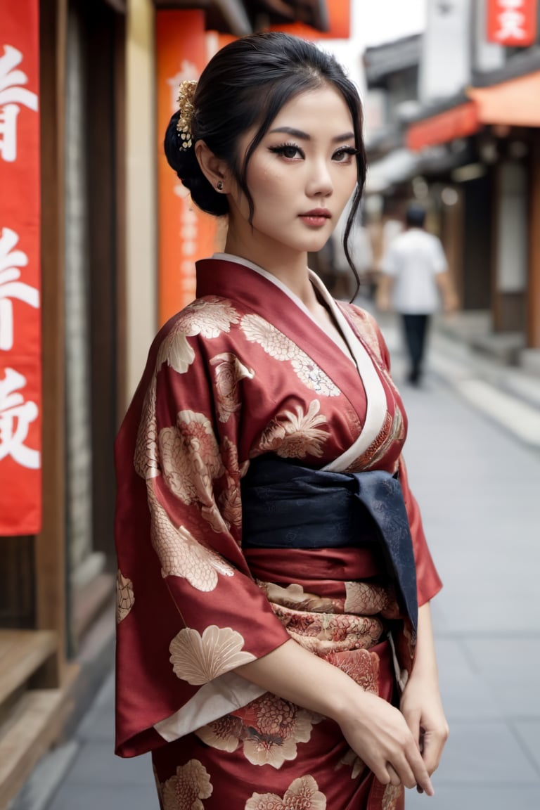 Render a photorealistic image of a yakuza, the subtle details of her makeup and intricate kimono with batik pattern and japanese tattooed standing out in little tokyo blok m jakarta. Use the Canon EOS R6 Mark II with an 800mm lens to produce a hyper-detailed, 64K resolution image,Movie Still,gh3a