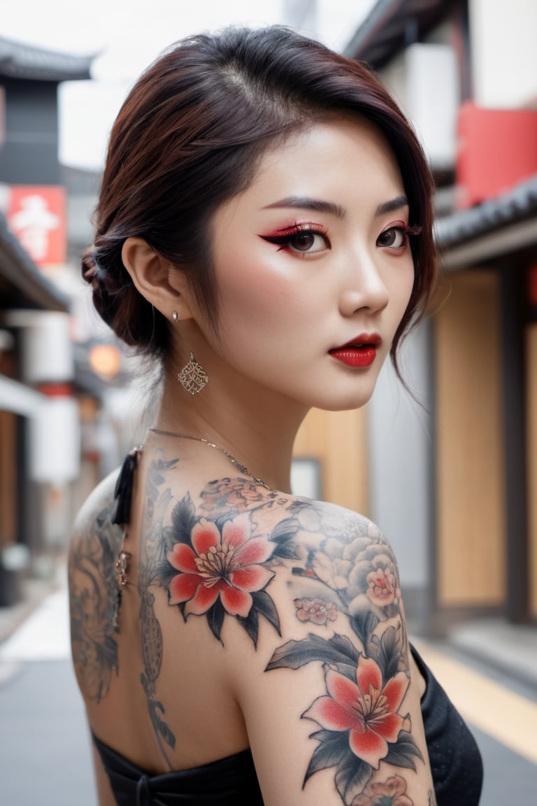 Render a photorealistic image of a yakuza, the subtle details of her makeup and intricate japanese yakuza tattoo standing out in little tokyo blok m jakarta. Use the Canon EOS R6 Mark II with an 800mm lens to produce a hyper-detailed, 64K resolution image,Movie Still,gh3a