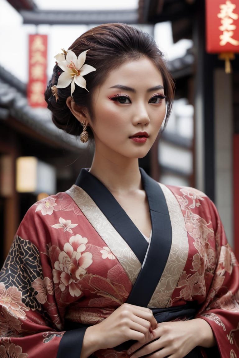 Render a photorealistic image of a yakuza, the subtle details of her makeup and intricate kimono with batik pattern and japanese yakuza tattoo standing out in little tokyo blok m jakarta. Use the Canon EOS R6 Mark II with an 800mm lens to produce a hyper-detailed, 64K resolution image,Movie Still,gh3a