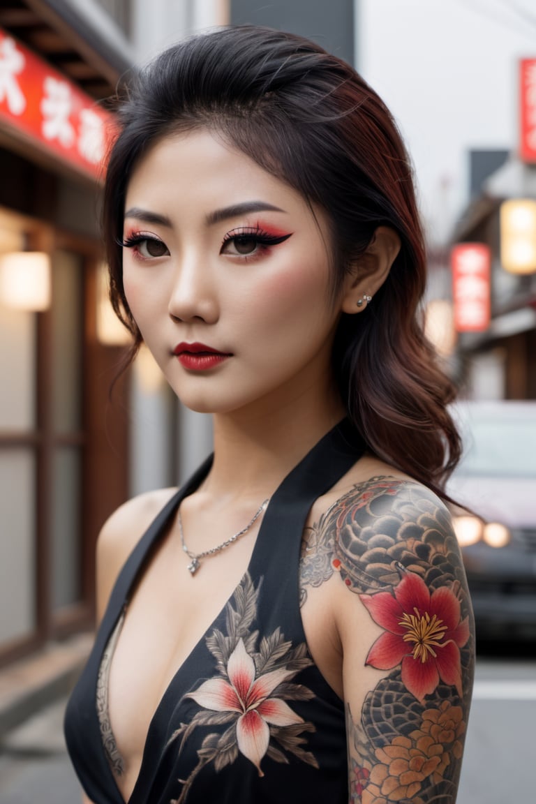 Render a photorealistic image of a yakuza, the subtle details of her makeup and intricate japanese yakuza tattoo standing out in little tokyo blok m jakarta. Use the Canon EOS R6 Mark II with an 800mm lens to produce a hyper-detailed, 64K resolution image,Movie Still,gh3a