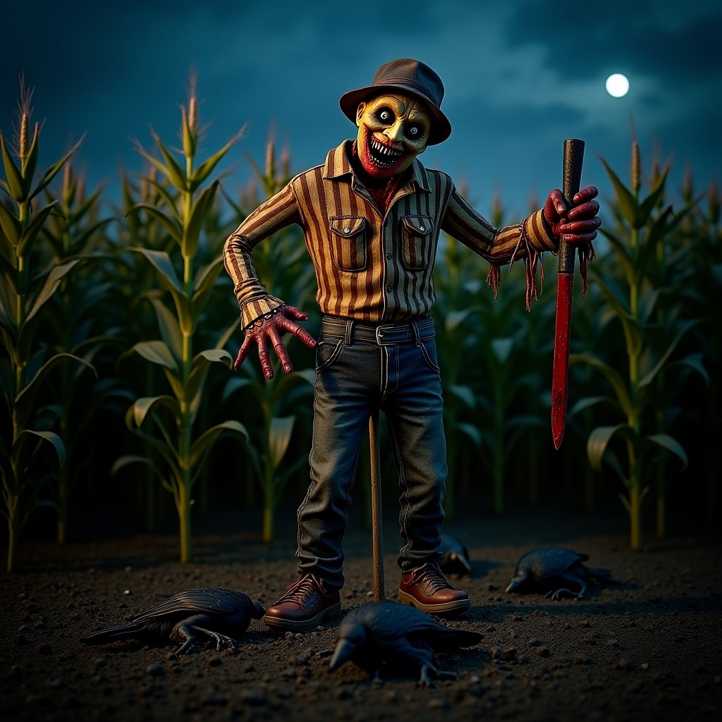 a scarecrow, 
 in a field of corn,
with a hatchet and a long bloody knife,
malevolant animated, 
corpses of crows on the ground,
corpse of farmer, 
realisitic photo, 
Canon 5d,
night outdoors