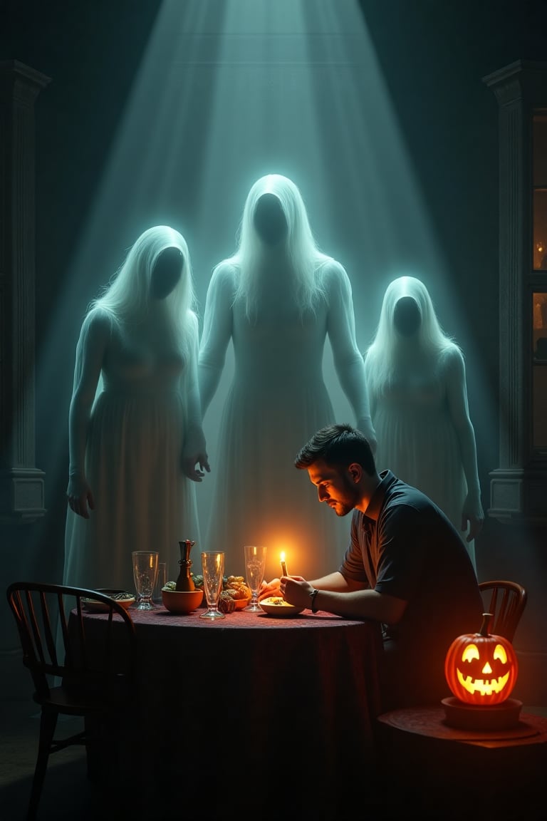 A man is eating alone, 
he is surounded by transparent wraiths 
of his dead wife and two children, 
photo realistic,
Canon 5D,
the room is lit only by a Halloween pumpkin lamp on the table