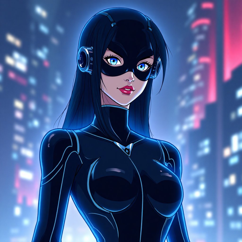 an image that captures the futuristic and cyberpunk aesthetic of 
Phantom 2040, an animated series that aired in th 1990s, 
reimagined to have a beautiful masked enigmatic female protagonist, 
seni-transparent disappearing effect, 
It should feature elements like the (sleek futuristic suit 1.2), futuristic cityscapes, and the high-tech, noir atmosphere that were characteristic of the show
animated style,
1990s aesthetics