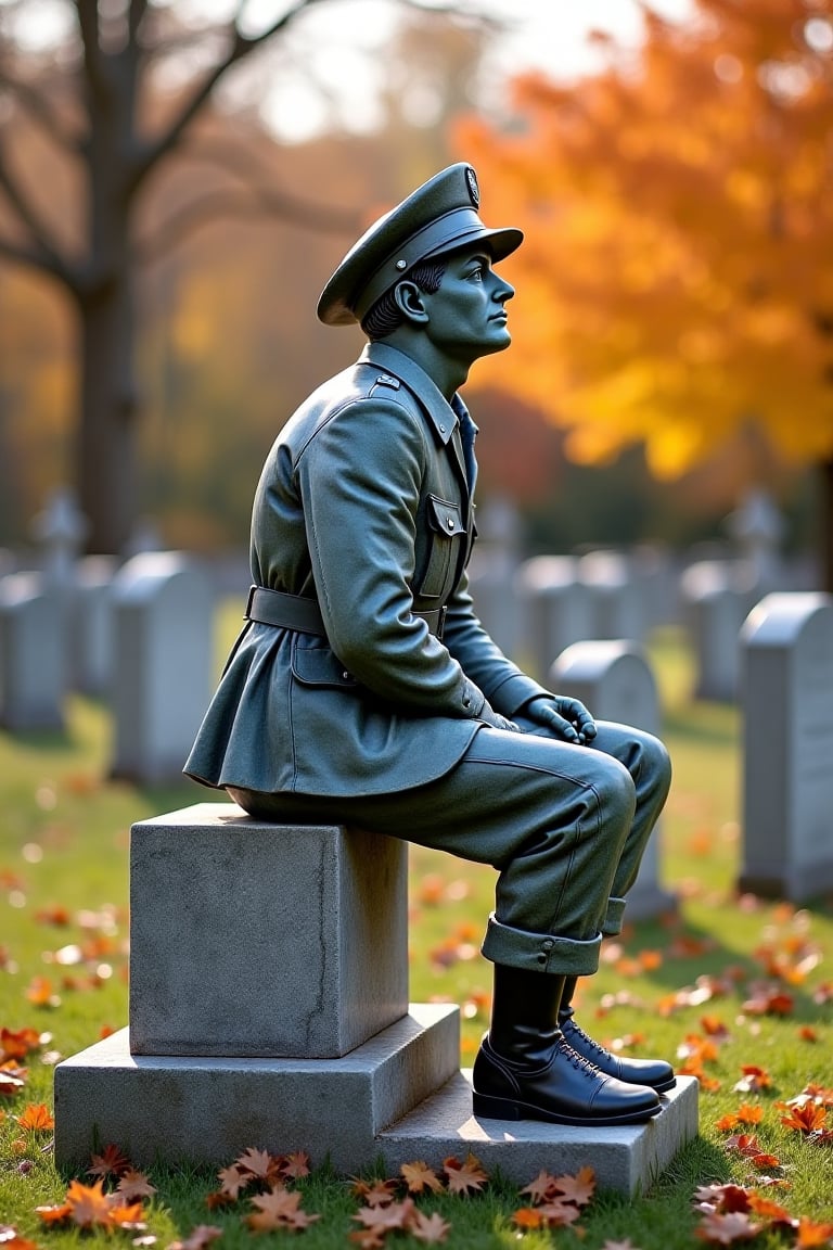 safe for work, 
marble statue
of an exhausted Canadian WW2 soldier,  
he is sitting on his tombstone, 
he is looking up at eternity, 
beautiful autumn cemetery with other cemetary statues, 
full body point of vue, 
photo realistic