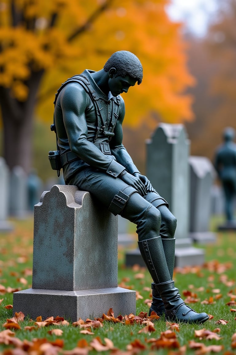 safe for work, bronze statue of an exhausted soldier from antiquity, who died in a forgotten war, he is sitting on his tombstone, he is looking down pensive, beautiful autumn non-deminational cemetery with other cemetary statues, full body point of vue, photo realistic, 
You don't know who I am 
You don't know why I died in some forgotten war,
You don't know if my body is under here or if there is only this statue, 
You don't know what comes next for me or for you,
But now I know,
Maybe.