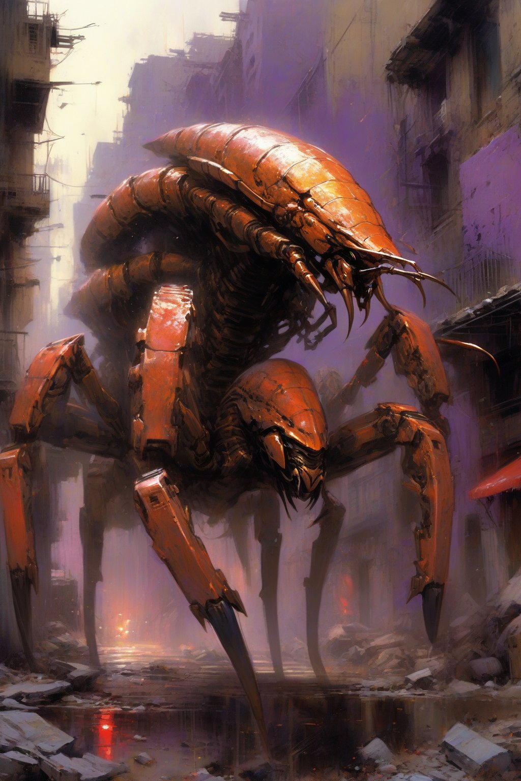 Stunning oil painting by bill sienkiewicz,  jeremy mann. A sci-fi, realistic high-definition photo depicting a scorpion-inspired combat eight-legged armored vehicle navigating through a street filled with crumbling ruins and debris. The vehicle's design resembles a scorpion, with a red and black body, visibly worn with scratches, battle scars, and bullet holes. Its two mechanical pincers are raised in a menacing pose. The most distinct feature is the scorpion-like tail, articulated and imposing, ending in a sharp, pointed tip. This tail structure is designed to channel energy and fire a vivid, straight purple laser beam directly from its tip, emphasizing its offensive capability. The laser emission is the key highlight, underscoring the scorpion design's deadly nature as it pierces through the chaotic