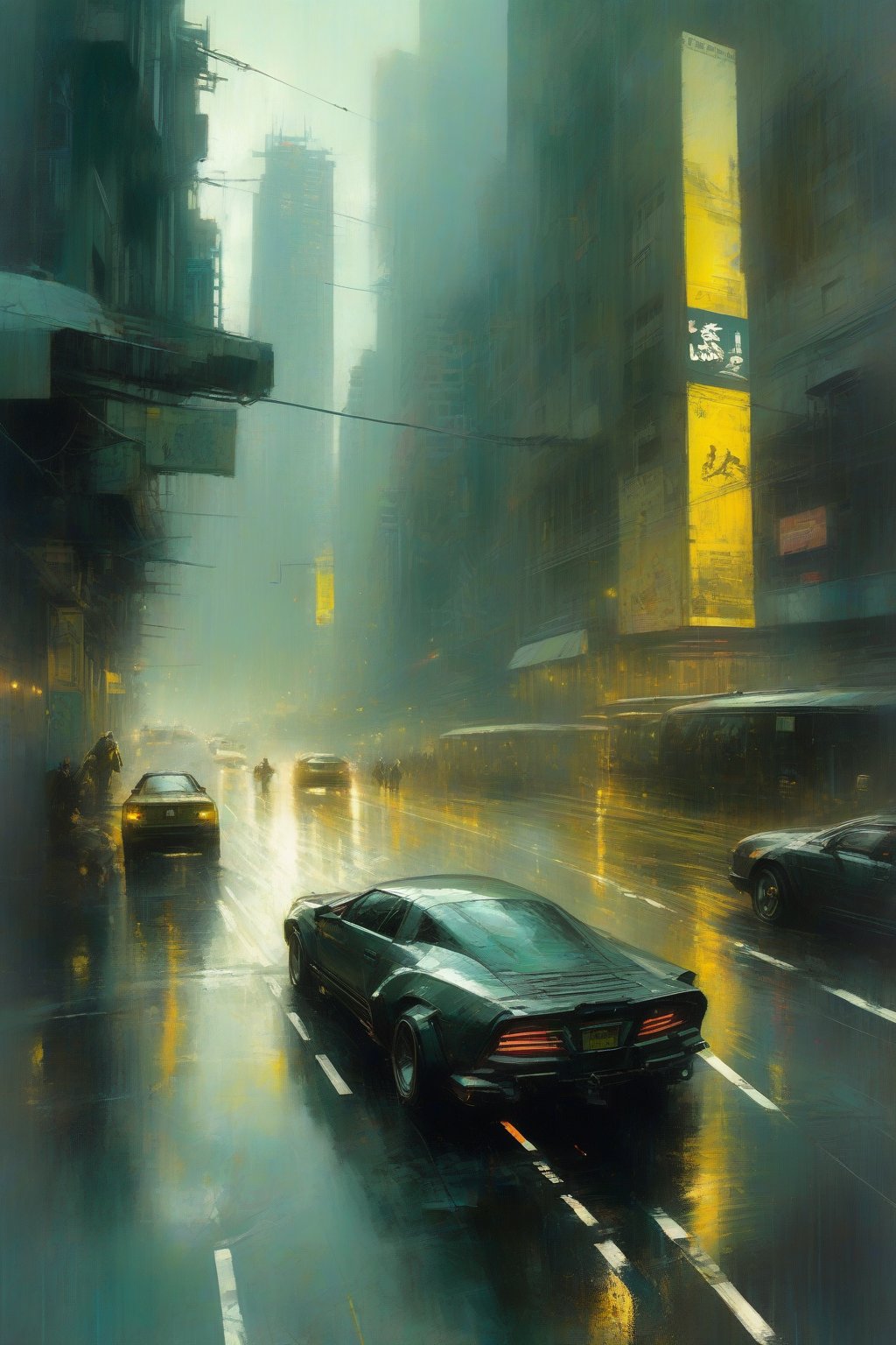 Stunning oil painting of a dense urban development, tall buildings, cyberpunk city, an auto driving vessel rushing along the highway, a robot ninja jumping from the pedestrian crossing onto the vessel, dynamic composition, stormy day, art by bill sienkiewicz,  jeremy mann.