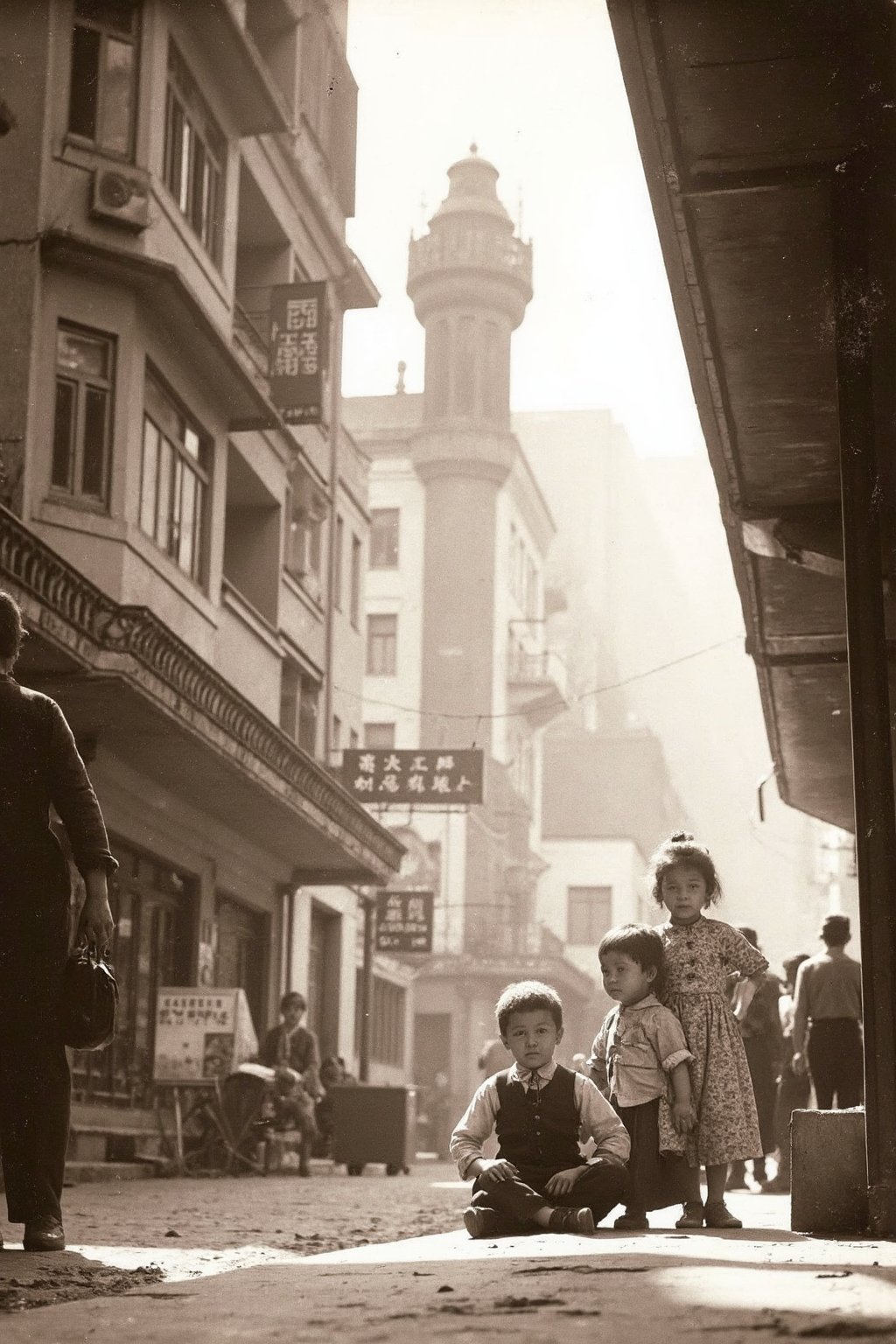 A sepia-monochrome old photo of 60s Hong Kong picture, a group of young kids sitting on a city street, surrounded by urban scenery with towering buildings in the background. The focus is on the boy, possibly the leader or main character, as he sits confidently amidst his friends. The contrast between the dark clothing and the gray pavement creates a striking visual effect, drawing attention to the boys' dynamic interaction and their connection to the urban environment. Photeshot by Leica camera, 8k quality, super detailed.